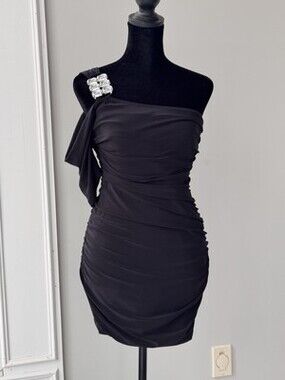 Y2K “Deb” Black Mini Dress One Shoulder Jewels Sexy